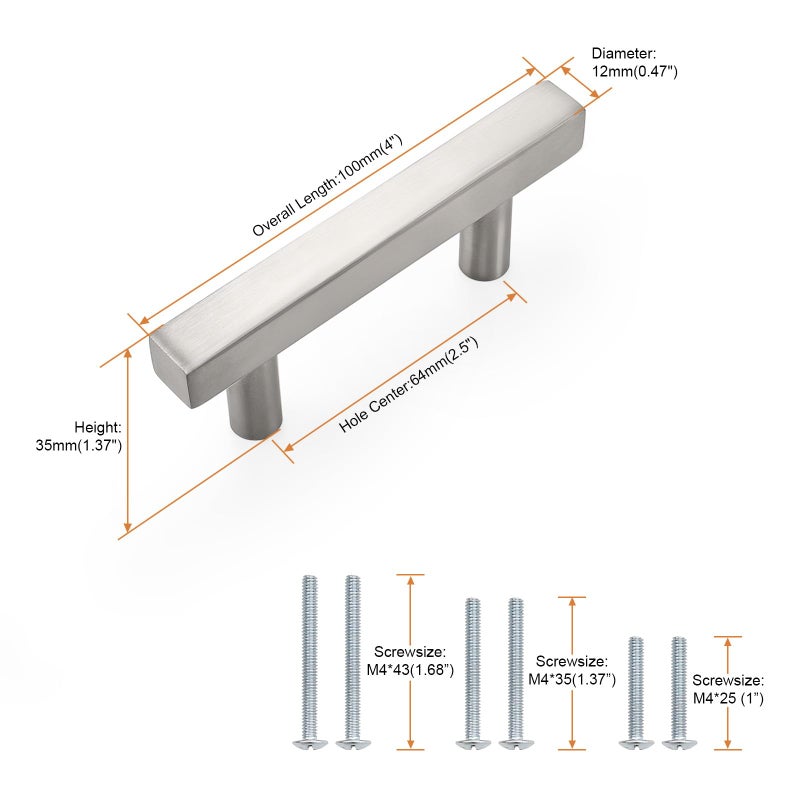 Probrico Cabinet Handles-Pack of 10 Satin Nickel 2-1/2inch (64mm) Hole Centers Square T Bar Kitchen Cabinet Handles Drawer Pulls for Kitchen Furniture Hardware - Image 2